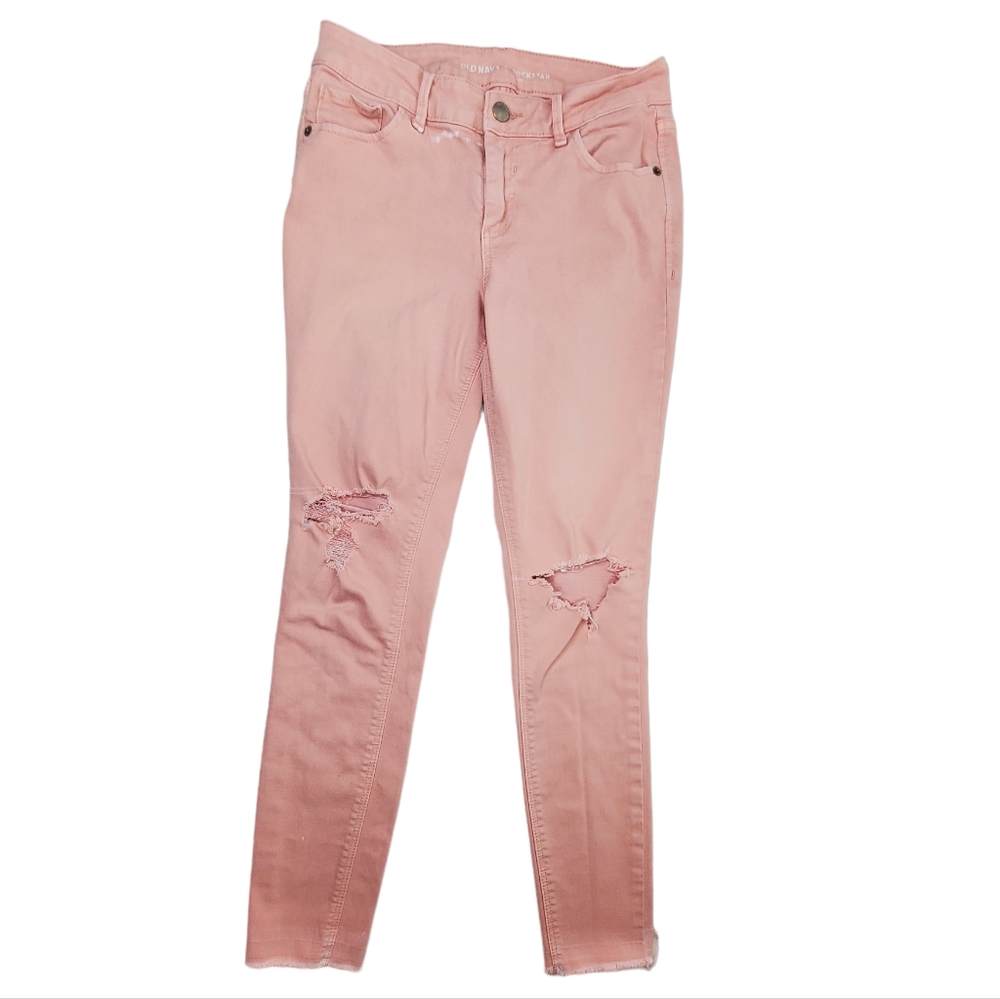 OLD NAVY Rockstar Mid Rise Pink Distressed Skinny Ankle Jeans Sz 2 Raw Hem Holes